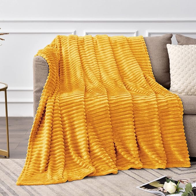 BEDELITE Fleece Blanket - 3D Ribbed Jacquard Decorative Yellow Throw Blanket for Couch & Bed, Lightweight Warm Cozy Soft Fuzzy Blankets All Seasons Suitable 50x60 inches