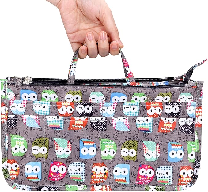 BTSKY Printing Handbag Organizers Inside Purse Insert - High Capacity 13 Pockets Bag Tote Organizer with Handle (Owl)