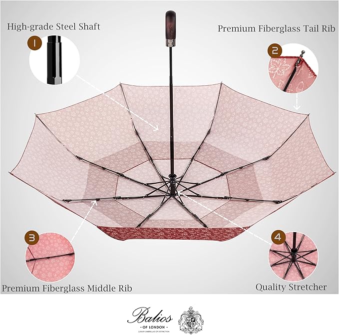 Balios Travel Folding Umbrella with Real Wood Handle Auto Open Close Vented Windproof Canopy - Designed in UK