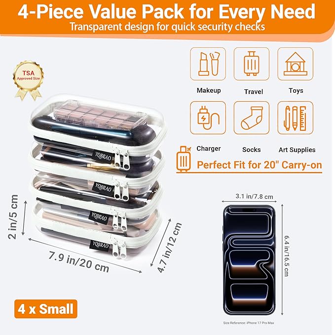 YQBRAO 4 Pack Clear Hard Shell Zipper Case, See-Through Hard Plastic Organizer Pouches with Zipper for Travel, Toiletries, Makeup, Electronics & Pencils - Crush-Resistant Storage (S White)
