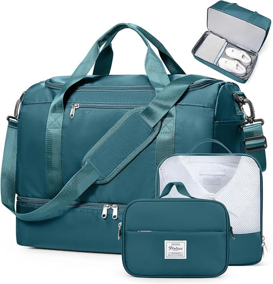 Travel Duffel Bag for Women, Carry-on Overnight Weekender Bags with Wet Pocket & Toiletry Bag, For Spirit Airlines 18x14x8 Personal Item Bag,3 Pcs Set,Small