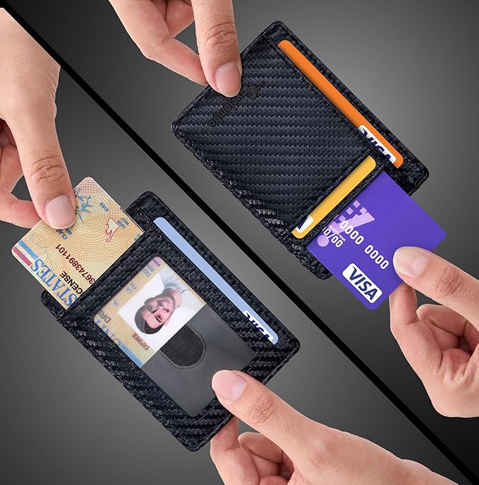 Travelambo Slim Wallet Front Pocket Minimalist Leather RFID Blocking Medium Size (Carbon Fiber Black)