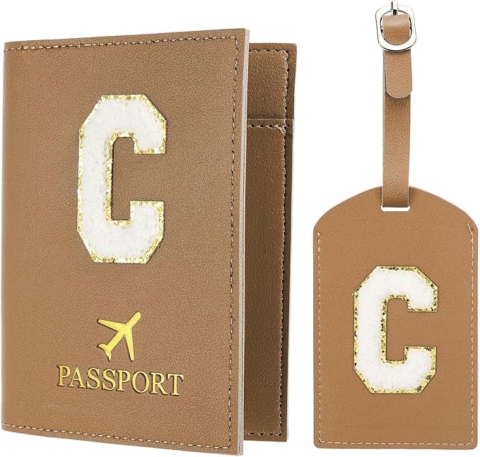 PATIKIL Passport Holder for Travel, Initial Passport Cover and Luggage Tag Set with Alphabet Chenille Letter Patch Travel Wallet Bag Suitcase Identifier for Women Family Travel Brown C