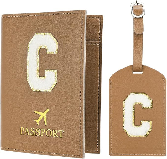 PATIKIL Passport Holder for Travel, Initial Passport Cover and Luggage Tag Set with Alphabet Chenille Letter Patch Travel Wallet Bag Suitcase Identifier for Women Family Travel Brown C