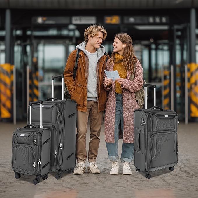 3-Piece Softside Expandable Luggage Set with Front Open Pocket, Lightweight and Durable Oxford Fabric Suitcase Set with TSA Lock (Gray, 20in/24in/28in)