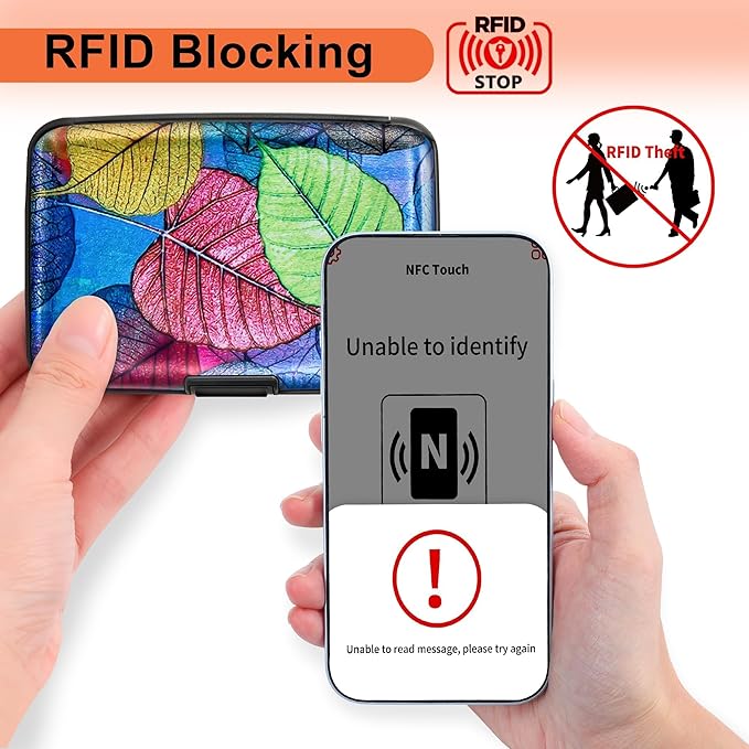 Mayski Credit Card Holder, RFID Blocking, Aluminum Alloy Hard Case, Small Mini Business Metal Wallet for Women Men, Colorful Leaves