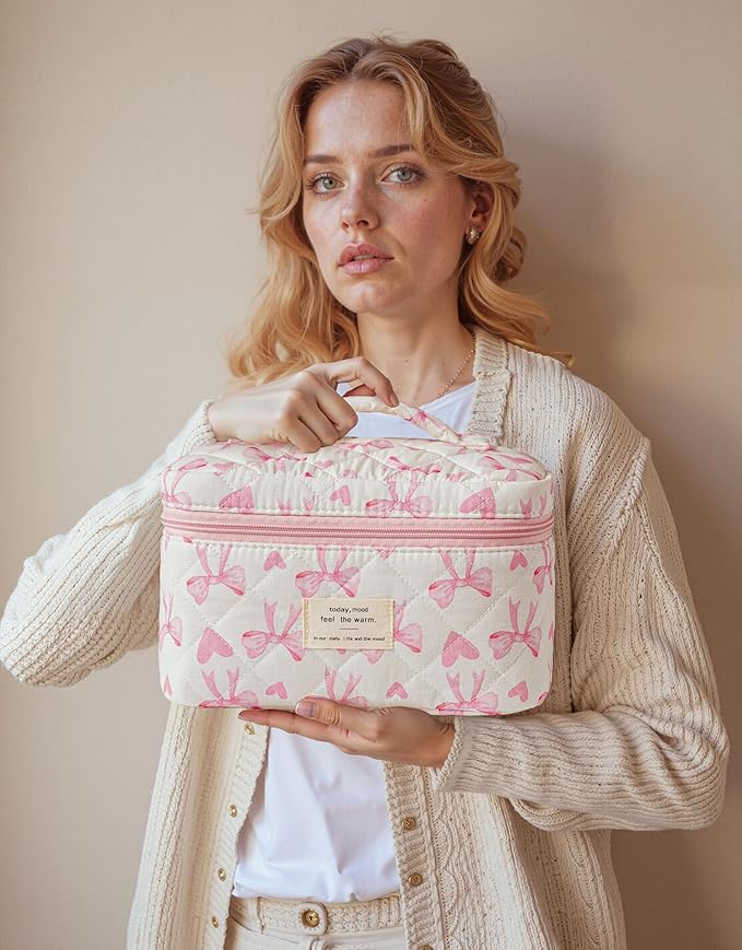 HBselect Quilted Makeup Bag, 3PCS Cotton Large Travel Makeup Bag, Cute Floral Coquette Make up Bag Cosmetic Bag Toiletry Bag for Women Girls