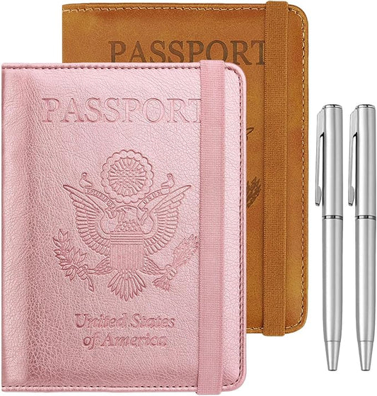 WALNEW Passport Holder for Travel, RFID Passport Cover Wallet for Women Men, PU Leather Passport Book Card Holder Case with Pen (Elastic Band Closure, AA-Brown+Rosegold)