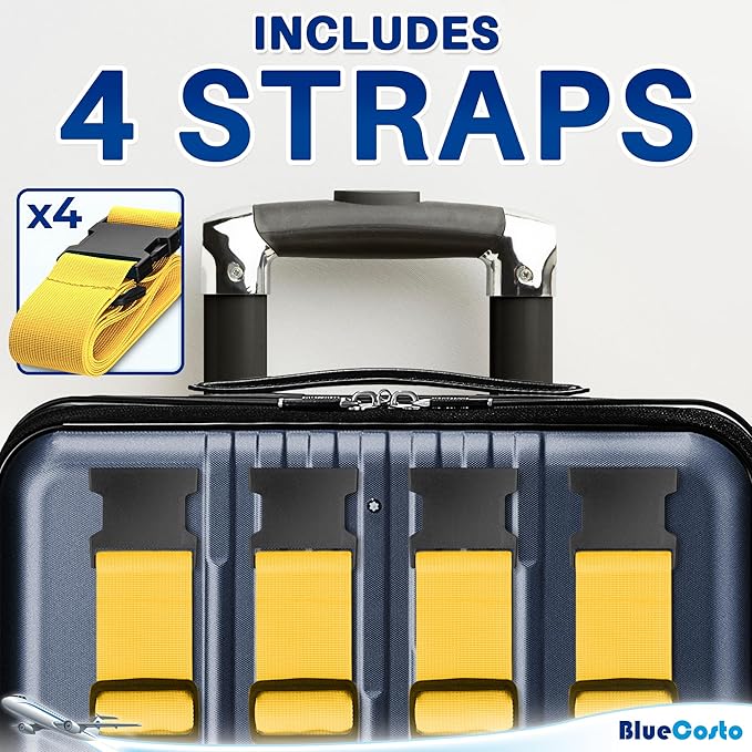 Luggage Straps for Suitcases - TSA Approved - Yellow, 4 PK - Premium Nylon Belts for Suitcase, Briefcase & Travel Bag - Adjustable Strap Length 46" - 78"
