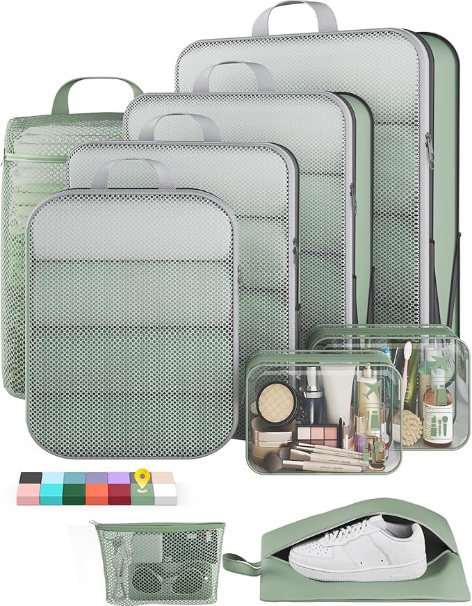 Veken 9/11 Set Compression Packing Cubes for Travel Essentials,Compressible Expandable Large Luggage Suitcase Organizer Bags for Clothing,Durable Space Saver Storage Bags(Matcha Green)
