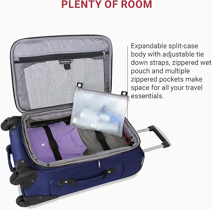 SWISSGEAR Sion Softside Expandable Spinner Luggage Durable Lightweight Travel Suitcase, Blue, 2-Piece Set (21/29)