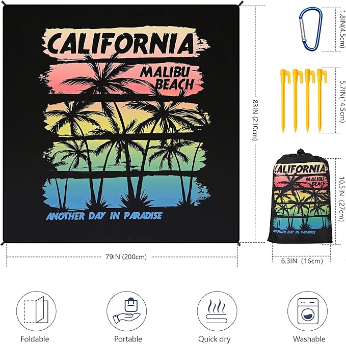 Beach Blanket Waterproof Sandproof Beach Mat 79”x 83” for 1-8 Adults Quick Drying Durable Outdoor Picnic Mat for Beach Festival Travel Camping Hiking (Rainbow Cocotree-California, 79"×83"(4 Person))