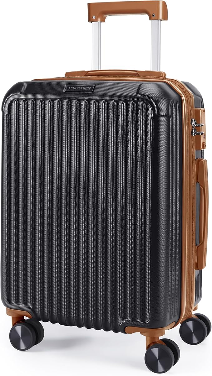 LIGHT FLIGHT Carry On Luggage 22x14x9 Airline Approved, Durable Hard Shell Carry On Suitcases with Wheels, Expandable Hardside Lightweight Travel Luggage with TSA Lock, Black and brown