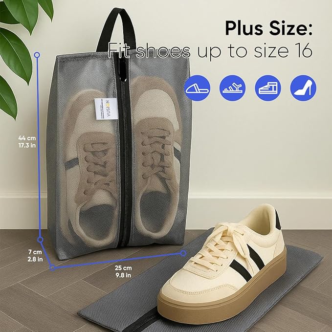VUSIGN Plus-Sized Travel Shoe Bag, Water-Resistant Shoe Pouch for Gym and Sport, Odor-Resistant Soccer Cleats Bag (Gray, 2-Pack)