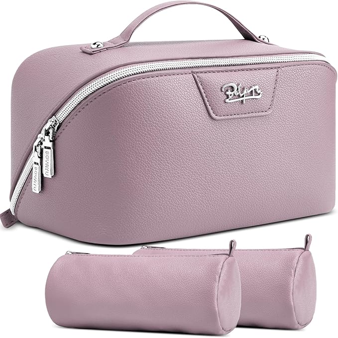 BOYATU Travel Makeup Bag Cosmetic Bags for Women: Large Capacity 3 Pcs Set Make up Bag with Compartments - Waterproof Vegan Leather Toiletry Organizer Bags with Handle (L28Purple)
