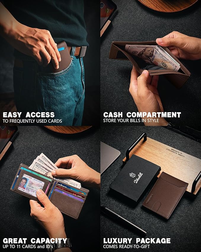 RUNBOX Wallet for Men Slim 11 Credit Card Holder Slots Leather RFID Blocking Small Thin Men's Wallet Bifold Minimalist Front Pocket Large Capacity Gift Box
