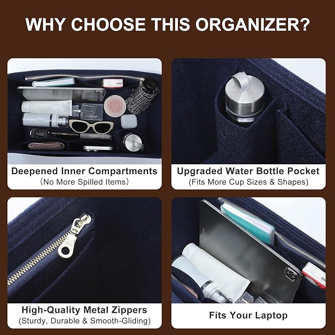 Doxo Felt Purse Organizer Insert for Longchamp Le Pliage L Travel Bag, Longchamp Orgainzer Insert Large with 9 Compartments and Zipper Water Bottle Holder, Fits Long Champ Large Bag (LT, Navy)