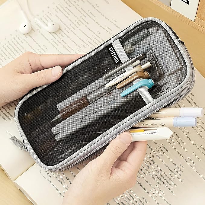 EASTHILL Grid Mesh Pen Pencil Case with Zipper Clear Makeup Color Pouch Cosmetics Bag Multi-Purpose Travel School Teen Girls Transparent Stationary Bag Office Organizer Box for Adluts(Black) Boys