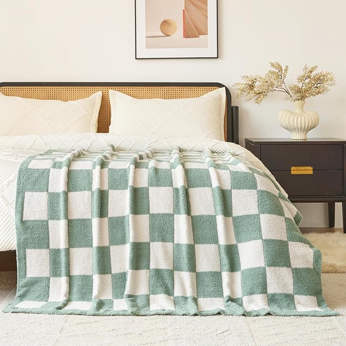 Checkered Blanket, Cozy Soft Throw Blankets for Couch Bed, Fluffy Plaid Lightweight Comfy Travel Picnic Blanket Gifts for Sofa Chair Living Room Camping (Sage Green, Throw 50"x60")