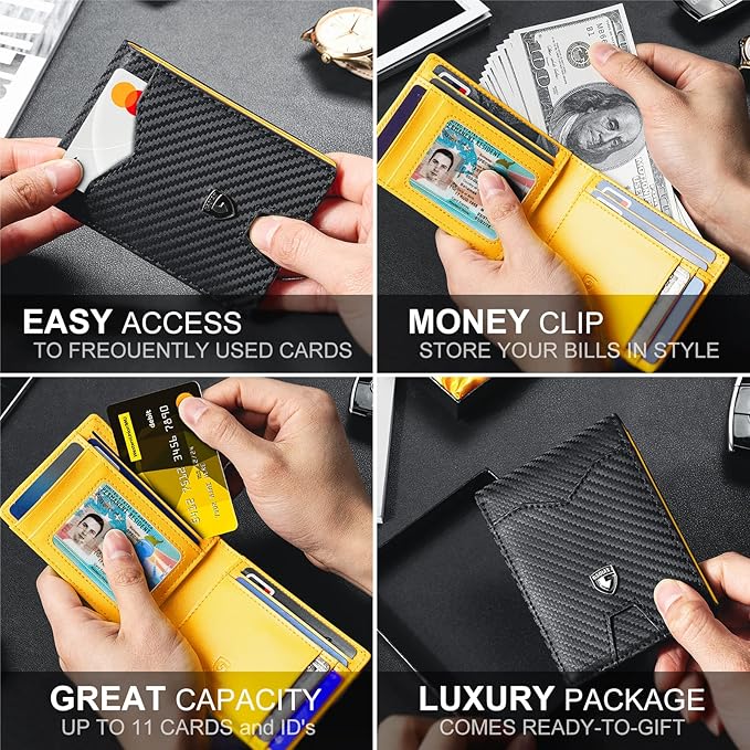 GSOIAX Slim Wallet for Men Rfid Blocking Leather Bifold Front Pocket Carbon Fiber Credit Card Holder Novelty Wallets With Gift Box (Yellow and Carbon Black)