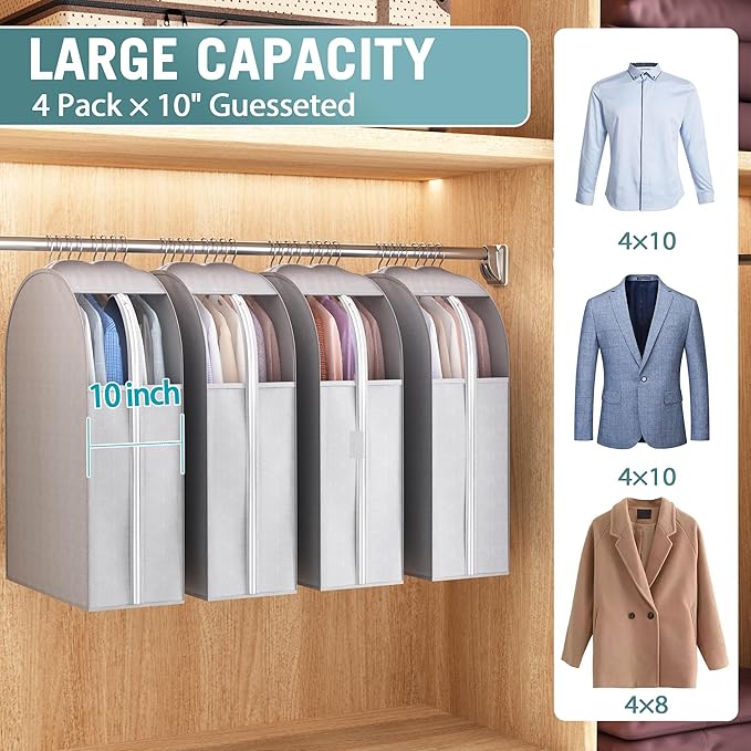 Liuoud 10" Gusseted Garment Bags for Hanging Clothes with Clear Window, 32" Suit Bags for Open Closet Storage, Clothing Cover for Coat, Dress, Jacket, Shirt, Fur Wardrobe Protector, 4 Packs