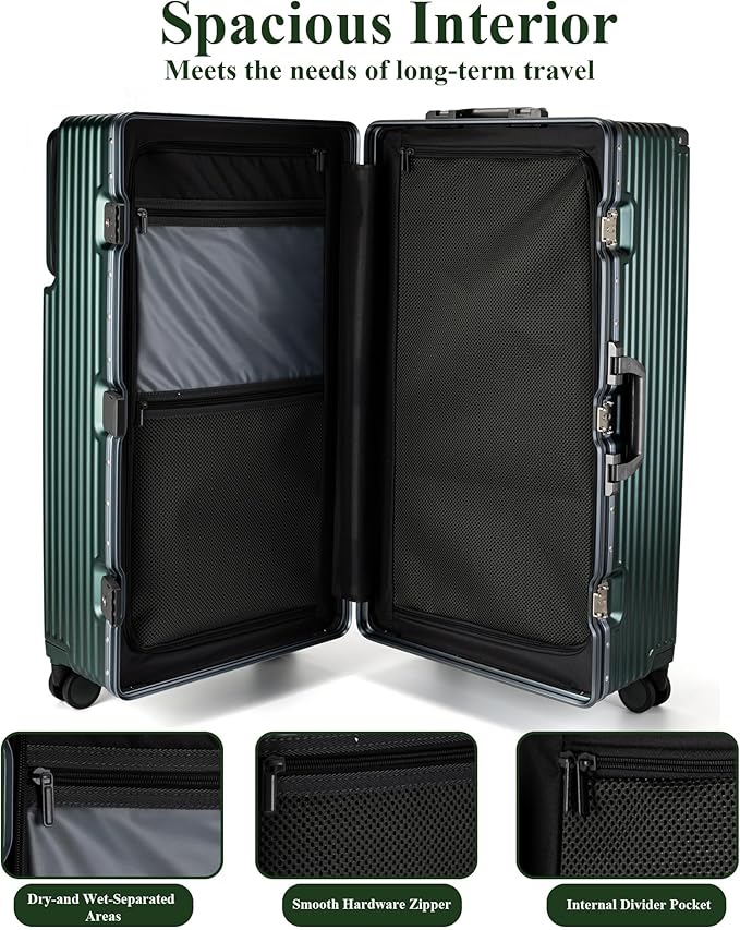 feilario 30in Super Large Captain Aluminum Frame Hardside Spinner Wheels Luggage, Zipperless Checked Suitcase with Front Compartment/Cup Holder/Phone Holder (Forest green,30in)