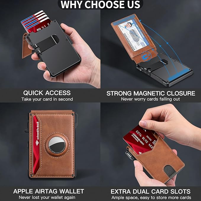KIKVES Airtag Wallet for Men, Mens Smart Wallet for Air Tag RFID Blocking, Minimalist Bifold Pop Up Aluminum Credit Card Case Holder 12+ Cards with ID Window, Gift for Men, No Airtag Included, Brown