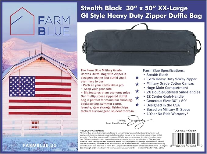 The BEST! GET the Farm Blue GI Zipper Duffel Bag - Enormous 30"x 50" XX Large Military Army Duffle w.Shouldr Strap- Best 4 summer camp, dorm laundry & moving-YKK Zips & 3 Grab Handls (Black, XX-Large)