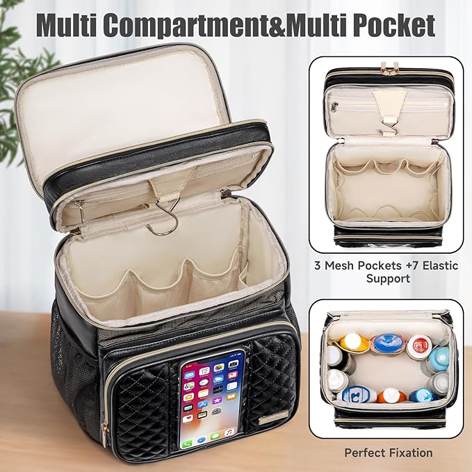 Large Leather Toiletry Bag for Women Men,Bathroom Bag,Water Resistant Shower Bag,Makeup Bag,Portable Shower Caddy for College Dorm,Hanging Travel Toiletry Bag with Transparent Waterproof Phone Pocket