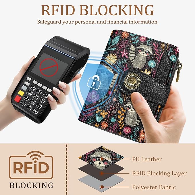 Icycay Raccoon Small Wallet Women RFID Blocking Bifold, Cute Credit Card Holder, Zipper Coin Pocket, PU Leather, Compact, Travel, 4 ID Window, 14 Card Slots, Cash Purse, Ladies Woman Female Girls