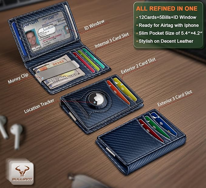 BULLIANT Men Airtag Wallet,Slim Wallet Money Clip Card Holder Magnetic Closure 12 Cards in Front Pocket RFID Blocking