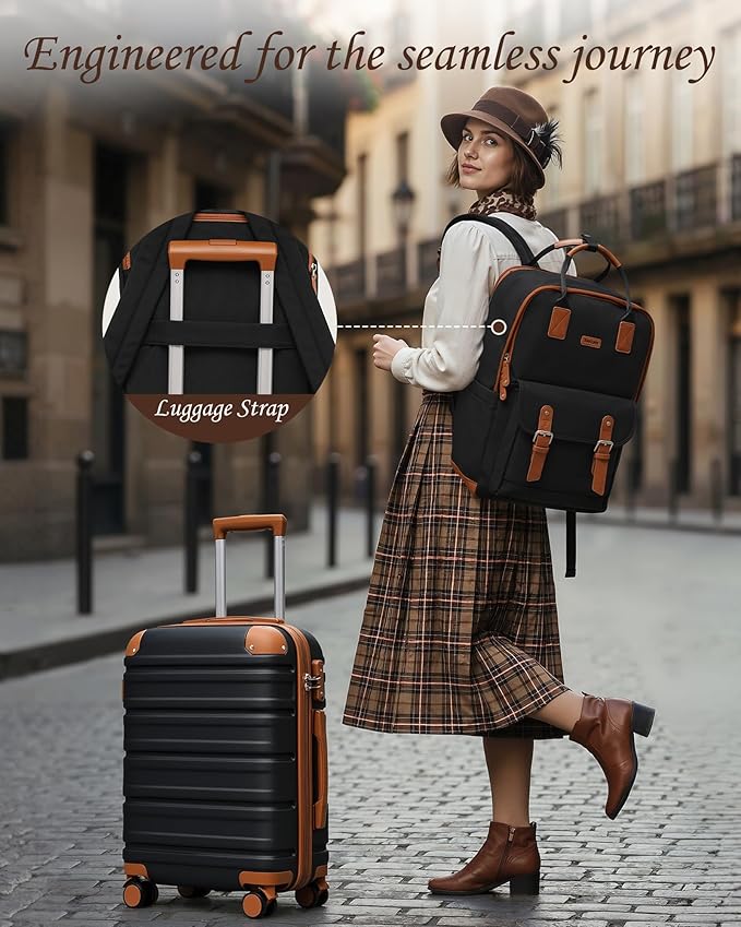 TAKUMI Luggage Sets 3 Piece, 20 Inch Carry On Luggage Set with Backpack, PC+ABS Hardshell Suitcases with Wheels, Lightweight Travel Luggage with TSA Lock for Women, Men （BLACK BROWN, 3 PIECE SET（BP）