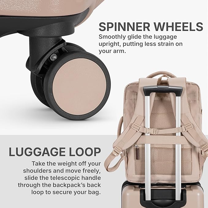 U.S. Traveler Vista Way 3-Piece Travel Set, 21-Inch Carry-on Hardside with TSA Lock, 18-Inch Travel Backpack with Laptop Sleeve, Toiletry Bag, Beige