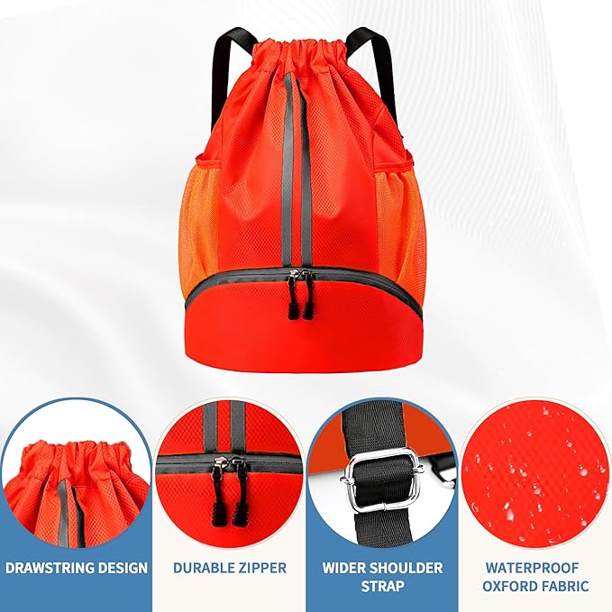 Drawstring Backpack Gym Bag with Shoes Compartment for Soccer, Basketball, Swim, Water-Resistant String Backpack Beach Cinch for Women Men, Red