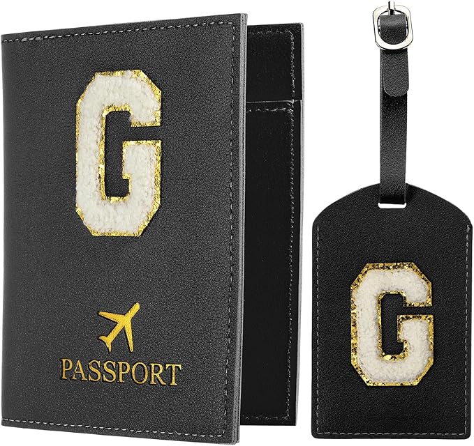 PATIKIL Passport Holder for Travel, Initial Passport Cover and Luggage Tag Set with Alphabet Chenille Letter Patch Travel Wallet Bag Suitcase Identifier for Women Family Travel Black G