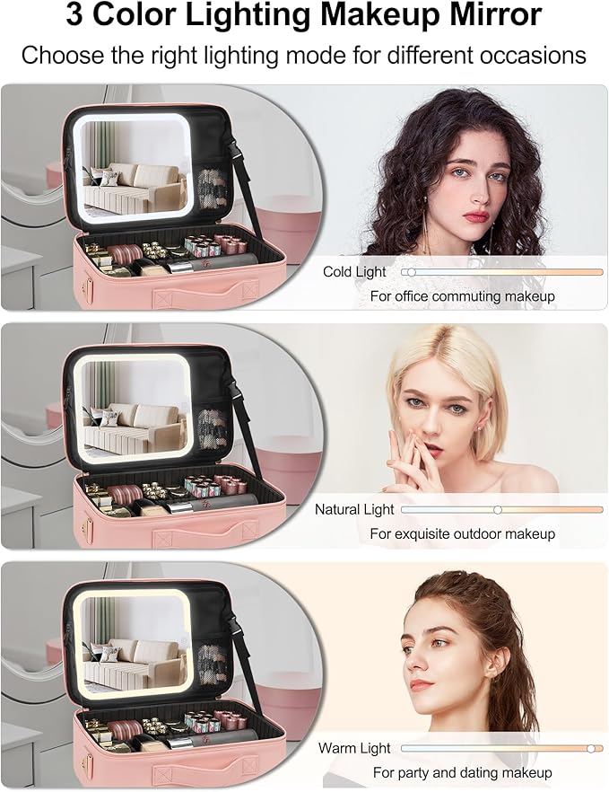 Relavel Travel Makeup Bag With LED Mirror, Portable Cosmetic Bag Organizer with Adjustable Brightness in 3 Color Scenarios, Professional Large Cosmetic Train Case with Shoulder Strap - Pink