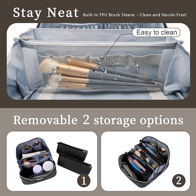 BOYATU Travel Makeup Bag Cosmetic Bags for Women: Large Capacity 3 Pcs Set Make up Bag with Compartments - Waterproof Vegan Leather Toiletry Organizer Bags with Handle (L15 Black)