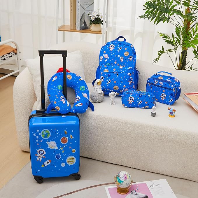 Redbaker Light Blue 6 Pcs Kids Luggage Set 17 Inch Kids Rolling Luggage Double Pattern Suitcase for Boys Girls (17 Inch, Astronauts)