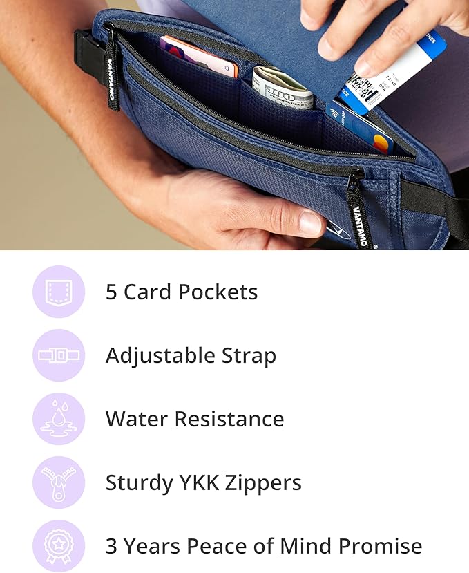 Vantamo Money Belt with RFID For Men & Women, Hidden Passport Holder for Travel, 2 Compartment Travel Fanny Pack for Women Anti Theft