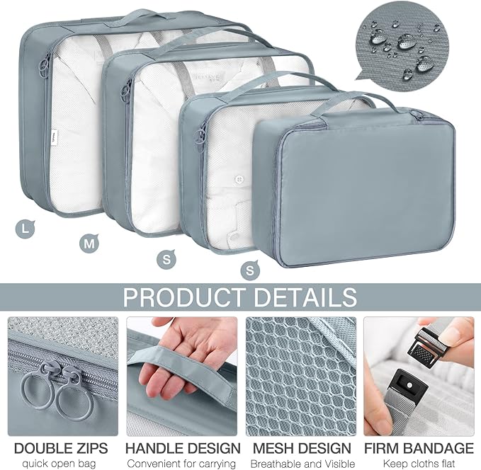 KPX 8 Set Packing Cubes for Travel, Luggage Packing Organizers Accessories Large Toiletries Bag for Clothes Shoes Cosmetics (Grey)