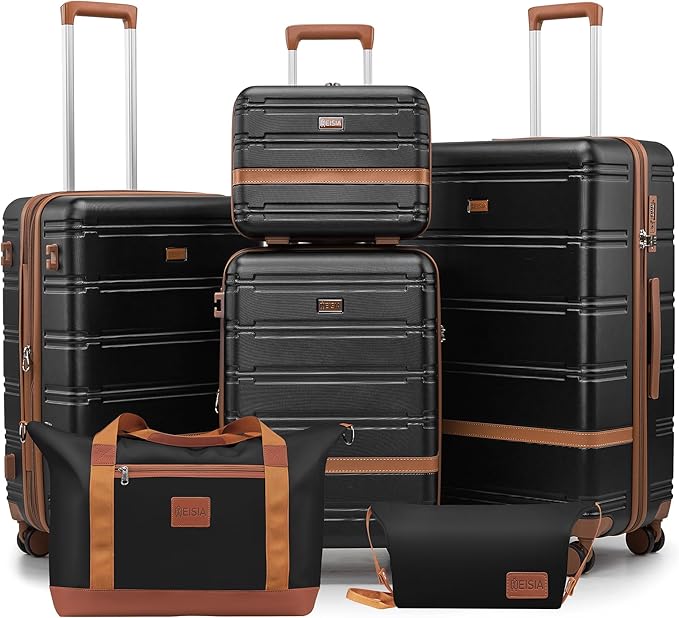 Luggage Sets with spinner wheels, PC+ABS Hard Shell Travel Luggage,Lightweight Carry-on suitcases with TSA Lock,YKK Zippers(Black, 6 piece set(14/20/24/28/DB/TB))