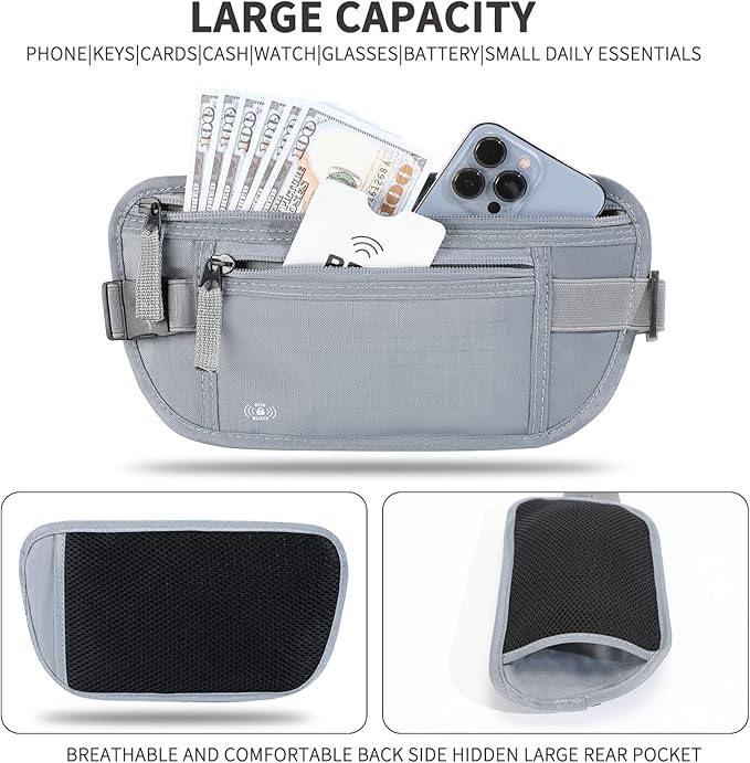 Money Belt for Travel Hidden Travel Pouch Women Men Hidden Rfid Passport Holder for Travel (Grey)