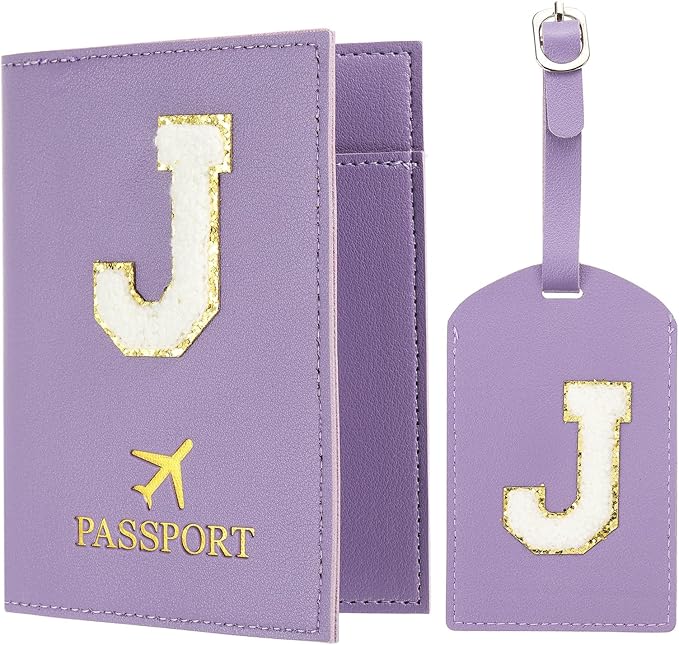 PATIKIL Passport Holder for Travel, Initial Passport Cover and Luggage Tag Set with Alphabet Chenille Letter Patch Travel Wallet Bag Suitcase Identifier for Women Family Travel Purple J