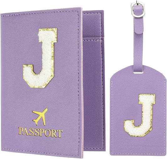 PATIKIL Passport Holder for Travel, Initial Passport Cover and Luggage Tag Set with Alphabet Chenille Letter Patch Travel Wallet Bag Suitcase Identifier for Women Family Travel Purple J