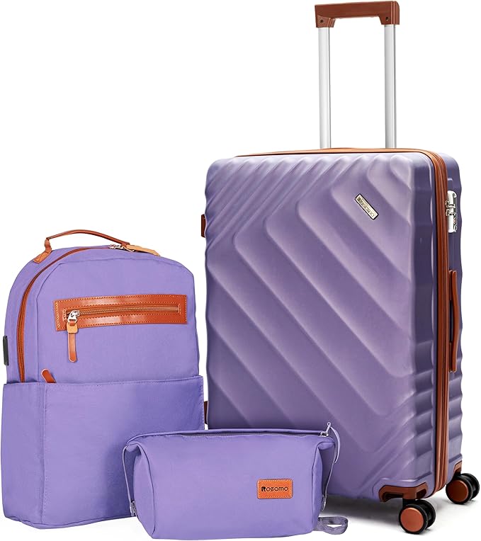 3 piece Luggage Set Expandable Suitcase 22x14x9 Airline Approved Carry on, ABS Hard Case Suitcases with Spinner Wheels,TSA Lock, (purple, 3 Piece Sets(20/BP/TB))