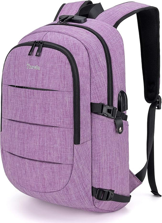 Tzowla Travel Laptop Backpack Water Resistant Anti-Theft Bag with Giant Tumbler Holder Pocket and Lock 17.3 Inch Computer Business Backpacks for Women Men Work College Gift,Casual Daypack(Purple)
