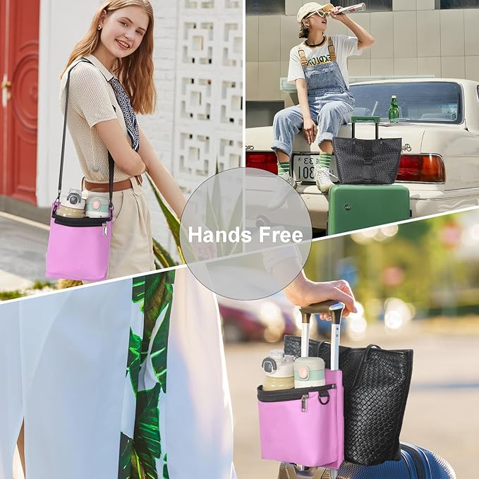 Bokelai Luggage Travel Cup Holder with Straps for Add a Bag Hands-Free Suitcases Drink Carrier Beverage Caddy Travel Accessories for Flight Attendants Travelers Pink