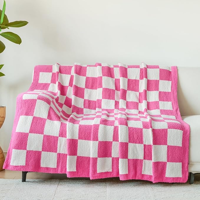 Checkered Blanket, Cozy Soft Throw Blankets for Couch Bed, Fluffy Plaid Lightweight Comfy Travel Picnic Blanket Gifts for Sofa Chair Living Room Camping (Hot Pink, Throw 50"x60")