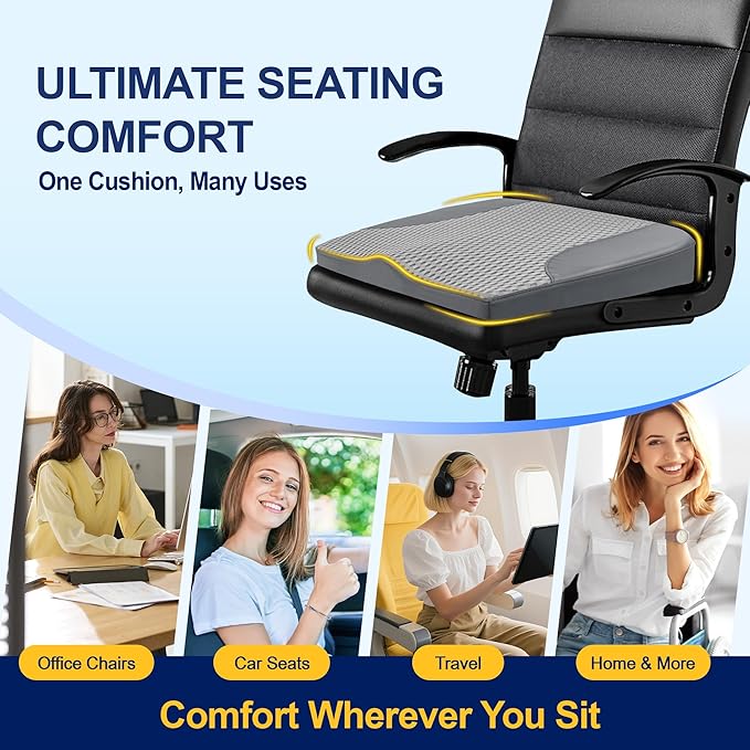 kingphenix Car Seat Cushion – Memory Foam Pad for Driving Comfort – Boosts Height and Relieves Coccyx & Lower Back Pain – Car, Truck, Office Chair (Leather & 4D Mesh Gray)