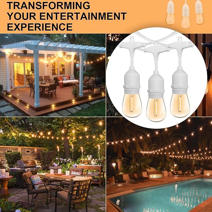 Outdoor String Lights, 48FT Waterproof Patio Lights with 1W Dimmable LED Bulbs, White Hanging String Lights for Outdoor Backyard, Garden, Deck, Porch, Gazebo, Balcony, Camping, Party